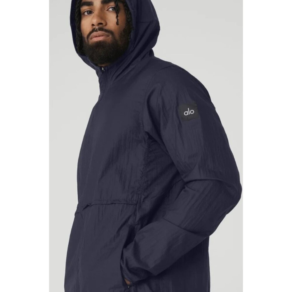 Alo Repeat Running Jacket True Navy Hooded Lightweight Raincoat Windbreaker Coat - Picture 3 of 8